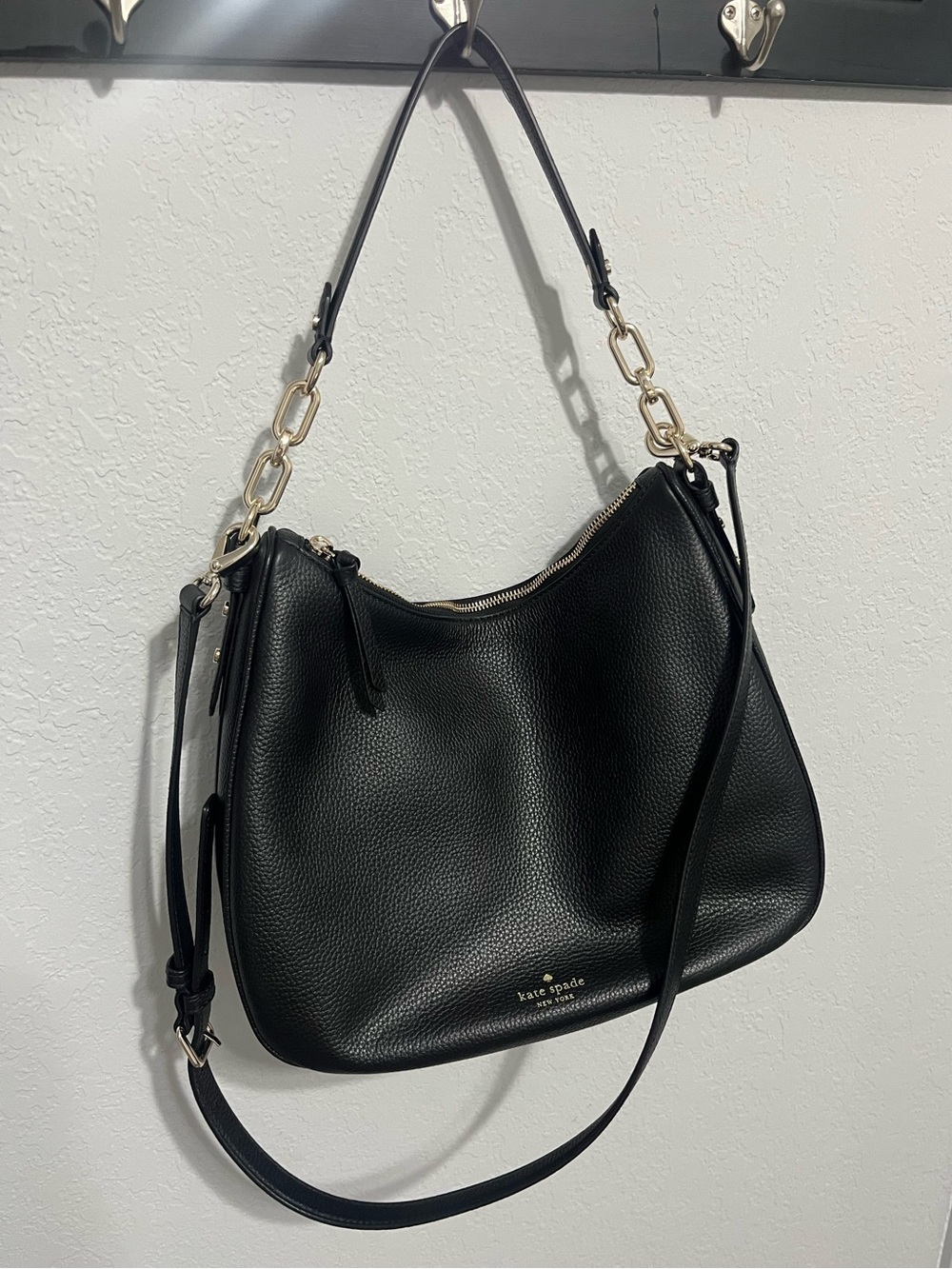 Kate Spade black pebbled leather hobo shoulder/crossbody with gold hardware